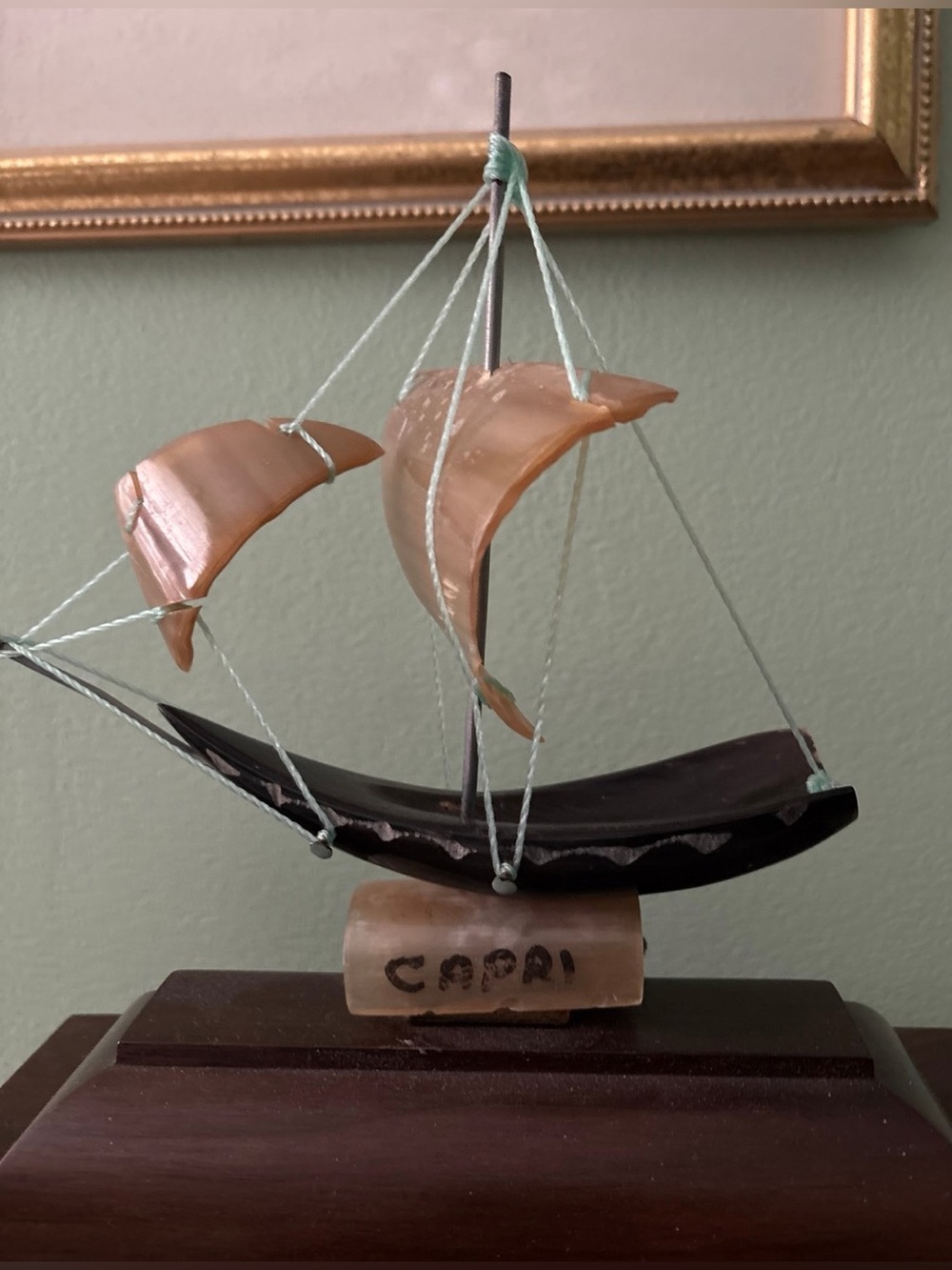 Handcrafted Shell Sailboat Décor in Black and Cream